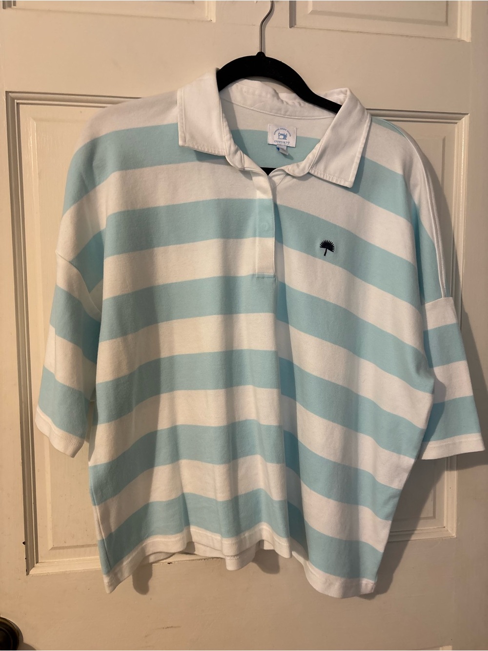 crown & ivy Light Blue and White Striped Polo